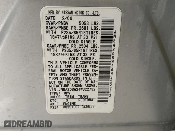 2004 Nissan Murano SE z VIN JN8AZ08W24W322732, wystawiony jako Copart lot #48995645 z przebiegiem 132 402 mil mil oraz Szkoda całkowita • Salvage title. Historia ofert i sprzedaży dostępna na DreamBid. Obrazek 13.