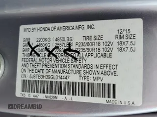 2016 Acura RDX with VIN 5J8TB3H39GL014447, listed as a Copart auction lot 60692565 with Not provided miles and Salvage title. Bid and sale history available at DreamBid. Image 13.