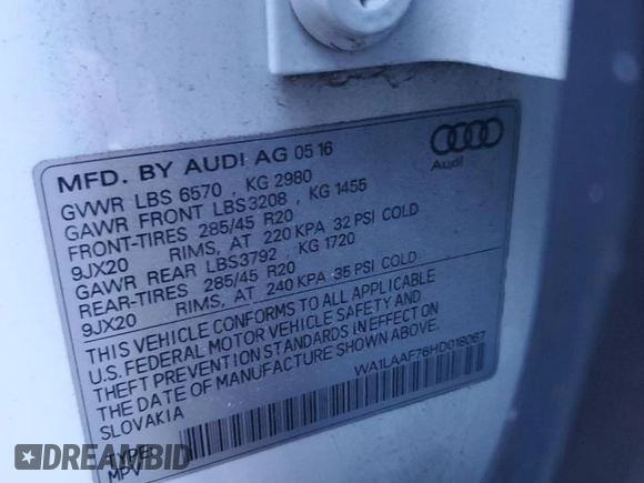 2017 Audi Q7 Premium Plus with VIN WA1LAAF76HD018067, listed as a Copart auction lot 41734245 with 138,716 mi miles and Salvage title. Bid and sale history available at DreamBid. Image 13.