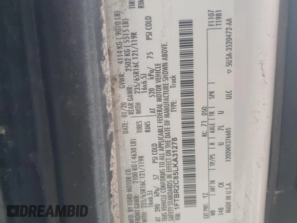 2020 Ford Transit Cargo with VIN 1FTBR2C85LKA31278, listed as a Copart auction lot 54400815 with 133,937 mi miles and Salvage title. Bid and sale history available at DreamBid. Image 13.