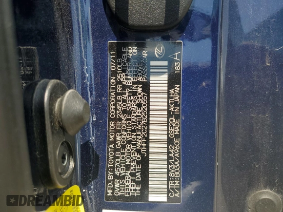 2011 Lexus IS 250 C с VIN JTHFF2C27B2520557, выставлен на аукционе Copart как лот 57482425 с пробегом 111 497 миль миль и Списание • Salvage title. История ставок и продаж доступна на DreamBid. Изображение 12.