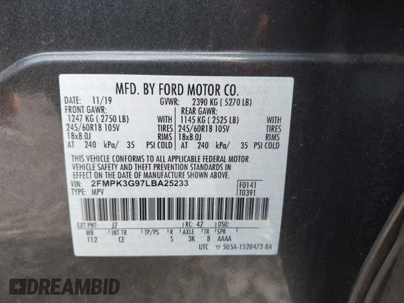 2020 Ford Edge SE z VIN 2FMPK3G97LBA25233, wystawiony jako IAAI lot #42240381 z przebiegiem 53 868 mil mil oraz . Historia ofert i sprzedaży dostępna na DreamBid. Obrazek 9.