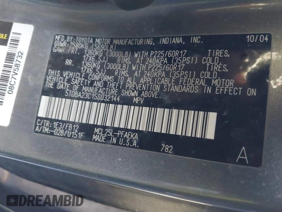 2005 Toyota Sienna LE with VIN 5TDBA23C15S032144, listed as a IAAI auction lot 41445395 with 258,574 mi miles and . Bid and sale history available at DreamBid. Image 9.