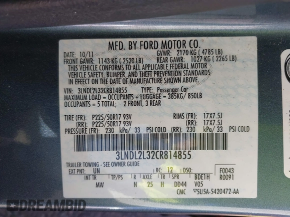 2012 Lincoln MKZ Hybrid with VIN 3LNDL2L32CR814855, listed as a IAAI auction lot 41652902 with 96,874 mi miles and . Bid and sale history available at DreamBid. Image 9.