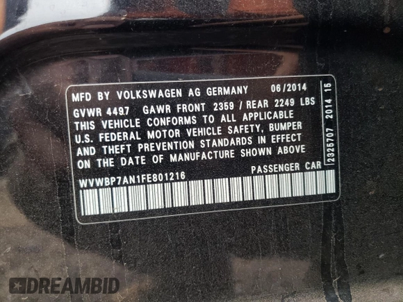 2015 Volkswagen CC R-Line with VIN WVWBP7AN1FE801216, listed as a Copart auction lot 67733404 with 48,394 mi miles and Salvage Title. Bid and sale history available at carsss.com. Image 12.