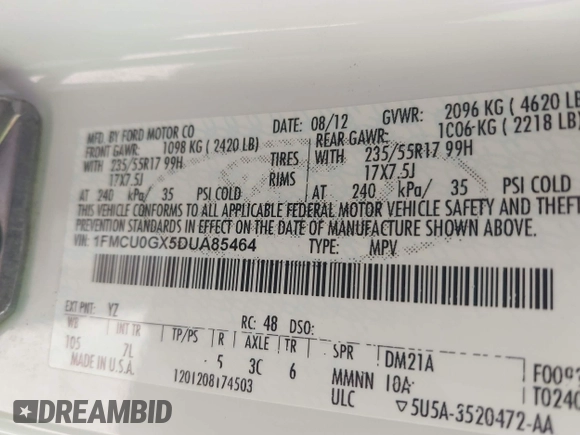 2013 Ford Escape SE with VIN 1FMCU0GX5DUA85464, listed as a IAAI auction lot 42701315 with 158,093 mi miles and . Bid and sale history available at DreamBid. Image 9.