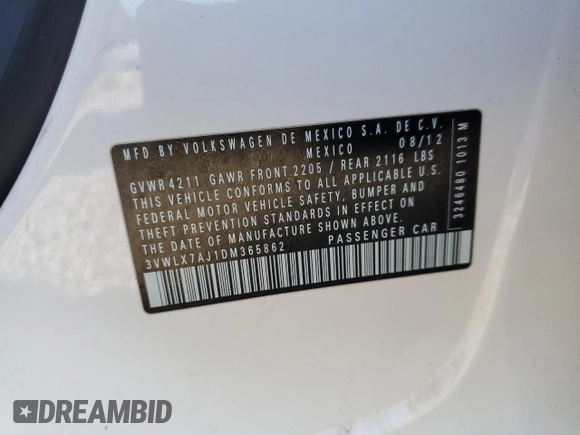 2013 Volkswagen Jetta SEL with VIN 3VWLX7AJ1DM365862, listed as a Copart auction lot 50640445 with Not provided miles and Salvage title. Bid and sale history available at DreamBid. Image 12.