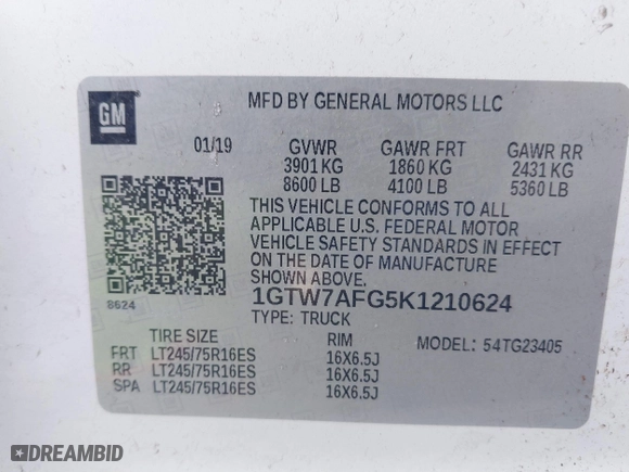 2019 GMC Savana Cargo Van with VIN 1GTW7AFG5K1210624, listed as a IAAI auction lot 41786354 with 105,345 mi miles. Bid and sale history available at carsss.com. Image 9.