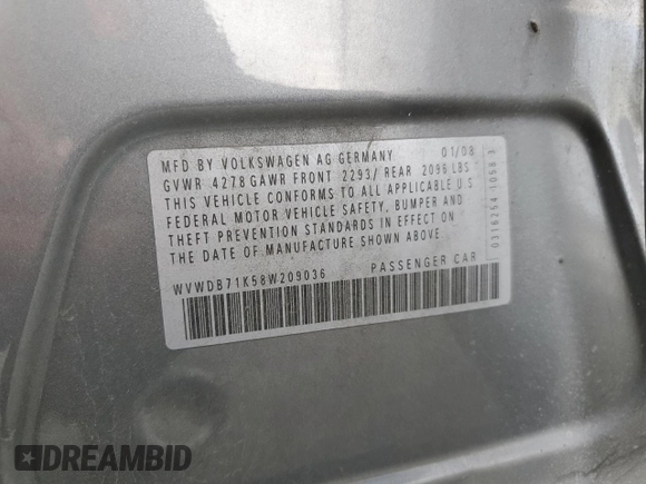 2008 Volkswagen Rabbit S with VIN WVWDB71K58W209036, listed as a Copart auction lot 75685864 with 221,175 mi miles and Salvage title. Bid and sale history available at DreamBid. Image 12.