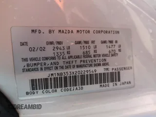 2002 Mazda MX-5 Miata Cloth z VIN JM1NB353X20229549, wystawiony jako Copart lot #54549205 z przebiegiem 79 871 mil mil oraz Szkoda całkowita • Salvage title. Historia ofert i sprzedaży dostępna na DreamBid. Obrazek 12.