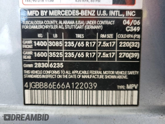 2006 Mercedes-Benz M 350 with VIN 4JGBB86E66A122039, listed as a Copart auction lot 51843575 with 140,242 mi miles and Clean Title. Bid and sale history available at DreamBid. Image 12.