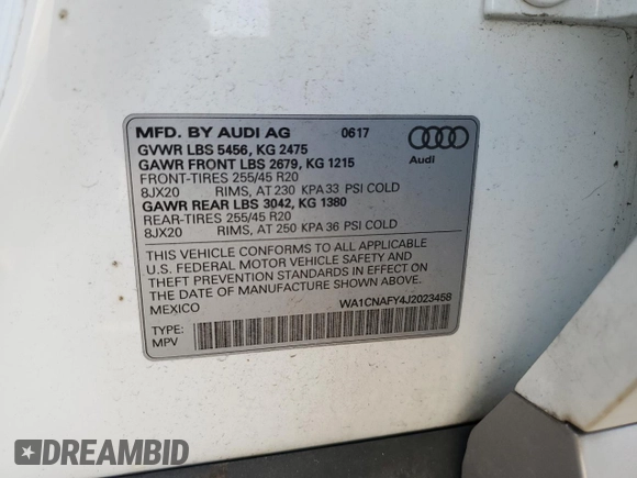 2018 Audi Q5 Prestige with VIN WA1CNAFY4J2023458, listed as a Copart auction lot 59490725 with 33,715 mi miles and Salvage title. Bid and sale history available at DreamBid. Image 13.
