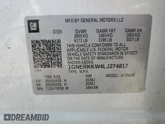 2020 Chevrolet Traverse Premier with VIN 1GNERKKW4LJ274817, listed as a Copart auction lot 54577265 with 83,921 mi miles and Salvage title. Bid and sale history available at DreamBid. Image 13.