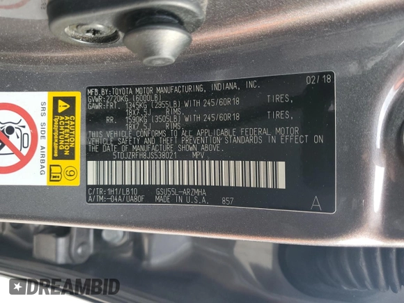 2018 Toyota Highlander SE with VIN 5TDJZRFH8JS538021, listed as a Copart auction lot 63496775 with 43,586 mi miles and Salvage title. Bid and sale history available at DreamBid. Image 13.