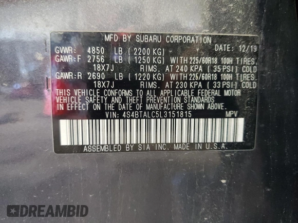 2020 Subaru Outback Limited z VIN 4S4BTALC5L3151815, wystawiony jako Copart lot #57943535 z przebiegiem 55 599 mil mil oraz Szkoda całkowita • Salvage title. Historia ofert i sprzedaży dostępna na DreamBid. Obrazek 13.