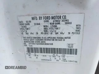 2009 Ford F-150 STX with VIN 1FTRX12W89KB56105, listed as a IAAI auction lot 42521283 with Not provided miles and . Bid and sale history available at DreamBid. Image 9.