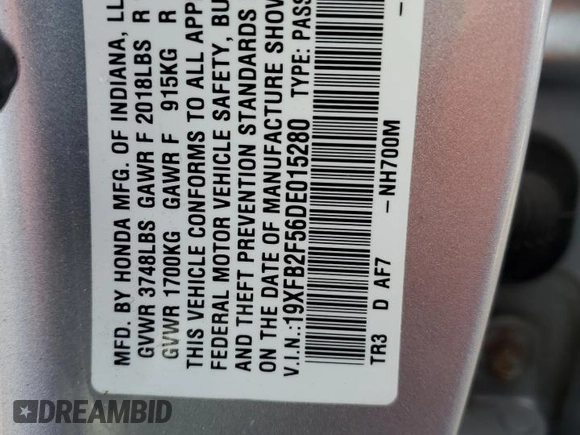 2013 Honda Civic LX с VIN 19XFB2F56DE015280, выставлен на аукционе Copart как лот 79644193 с пробегом 57 161 миль миль и Списание • Salvage title. История ставок и продаж доступна на DreamBid. Изображение 14.