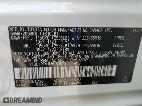 2021 Toyota RAV4 XLE Premium with VIN 2T3C1RFV1MW180625, listed as a Copart auction lot 51799175 with 63,692 mi miles and Salvage title. Bid and sale history available at DreamBid. Image 13.