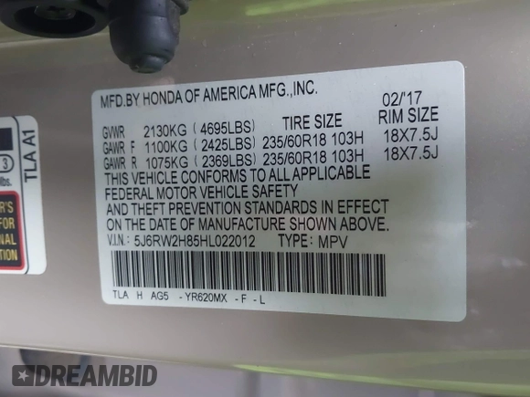 2017 Honda CR-V EX-L with VIN 5J6RW2H85HL022012, listed as a IAAI auction lot 40020013 with 94,450 mi miles. Bid and sale history available at carsss.com. Image 9.