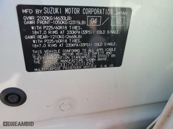2012 Suzuki Grand Vitara Limited with VIN JS3TD0D75C4101493, listed as a Copart auction lot 47105175 with 93,912 mi miles and Salvage Title. Bid and sale history available at carsss.com. Image 14.