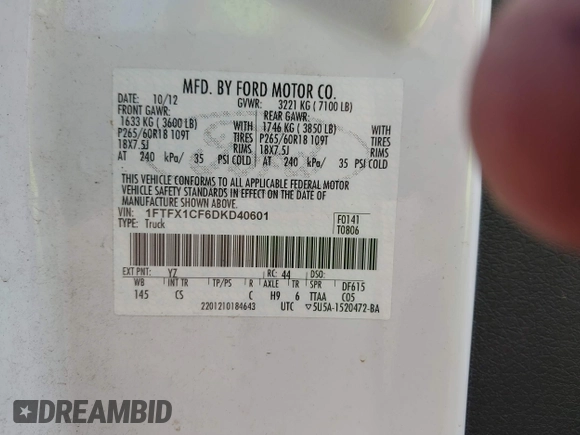 2013 Ford F-150 XL with VIN 1FTFX1CF6DKD40601, listed as a IAAI auction lot 42065912 with 181,788 mi miles and . Bid and sale history available at carsss.com. Image 9.