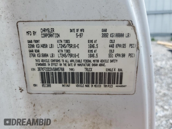 1997 Dodge 2500 with VIN 3B7KF23D3VG805768, listed as a Copart auction lot 59926665 with Not provided miles and Salvage title. Bid and sale history available at DreamBid. Image 12.