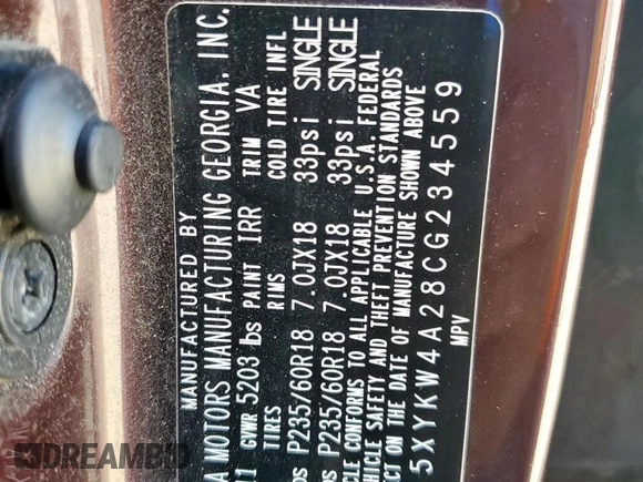 2012 Kia Sorento SX with VIN 5XYKW4A28CG234559, listed as a Copart auction lot 58477575 with 129,400 mi miles and Clean title. Bid and sale history available at DreamBid. Image 13.