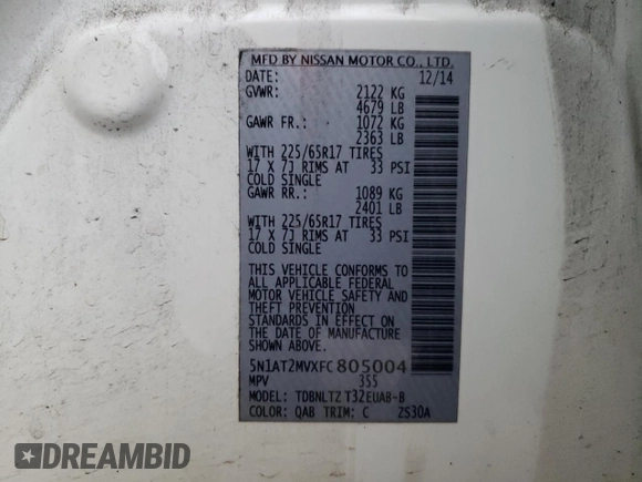 2015 Nissan Rogue SV with VIN 5N1AT2MVXFC805004, listed as a Copart auction lot 51209135 with 125,639 mi miles and Salvage Title. Bid and sale history available at DreamBid. Image 15.