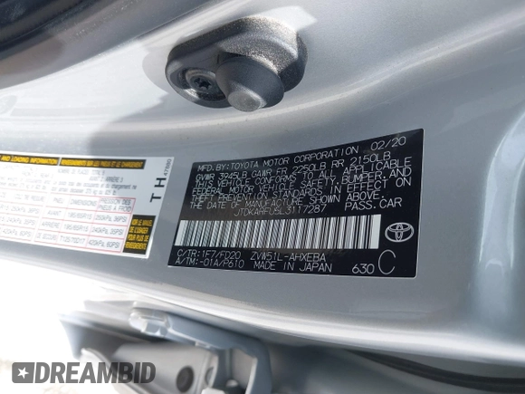 2020 Toyota Prius L Eco with VIN JTDKARFU5L3117287, listed as a IAAI auction lot 42202426 with 122,870 mi miles and . Bid and sale history available at DreamBid. Image 9.