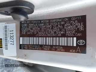 2011 Toyota Prius I with VIN JTDKN3DU3B0283148, listed as a IAAI auction lot 41745665 with 166,688 mi miles. Bid and sale history available at carsss.com. Image 9.