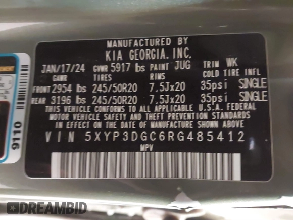 2024 Kia Telluride EX X-Line z VIN 5XYP3DGC6RG485412, wystawiony jako IAAI lot #41352835 z przebiegiem 19 613 mil mil oraz . Historia ofert i sprzedaży dostępna na DreamBid. Obrazek 9.