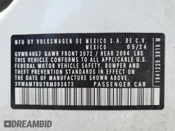 2024 Volkswagen Jetta Sport with VIN 3VWAM7BU7RM093673, listed as a Copart auction lot 56571065 with 2,948 mi miles and Salvage title. Bid and sale history available at DreamBid. Image 12.