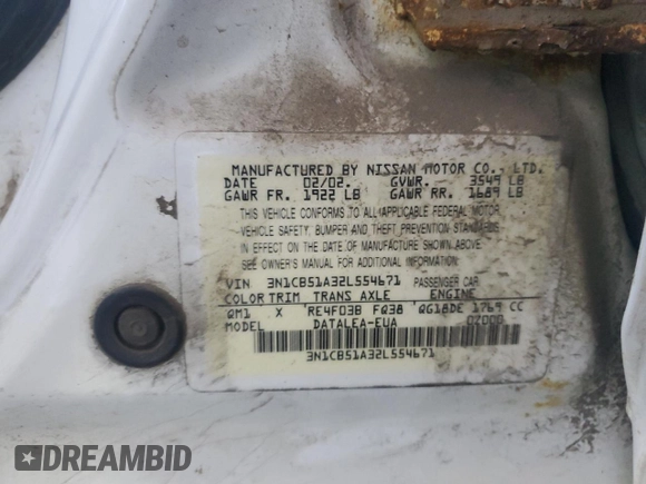 2002 Nissan Sentra GXE с VIN 3N1CB51A32L554671, выставлен на аукционе Copart как лот 53297525 с пробегом 121 987 миль миль и Списание • Salvage title. История ставок и продаж доступна на DreamBid. Изображение 12.