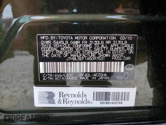 2010 Lexus LS 460 with VIN JTHBL5EF1A5097531, listed as a Copart auction lot 54431565 with 149,100 mi miles and Salvage Title. Bid and sale history available at DreamBid. Image 12.
