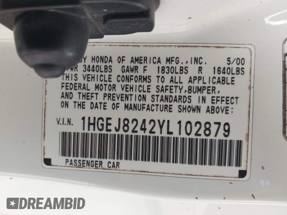 2000 Honda Civic EX with VIN 1HGEJ8242YL102879, listed as a IAAI auction lot 39103013 with 197,220 mi miles and . Bid and sale history available at DreamBid. Image 9.