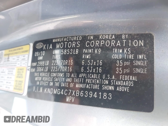 2011 Kia Sedona LX with VIN KNDMG4C7XB6394183, listed as a IAAI auction lot 41988292 with 246,557 mi miles. Bid and sale history available at carsss.com. Image 9.