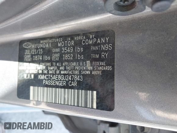 2016 Hyundai Accent SE with VIN KMHCT5AE8GU247843, listed as a IAAI auction lot 41672555 with 121,510 mi miles. Bid and sale history available at carsss.com. Image 9.