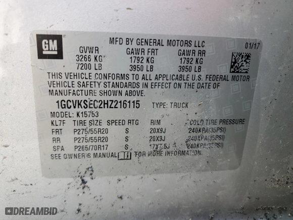 2017 Chevrolet Silverado 1500 LTZ with VIN 1GCVKSEC2HZ216115, listed as a Copart auction lot 44434665 with 0 mi miles and Non Repairable. Bid and sale history available at carsss.com. Image 13.