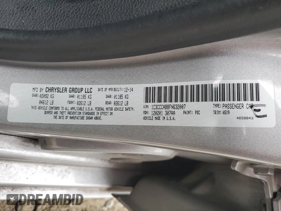 2015 Chrysler 200 Limited z VIN 1C3CCCAB8FN632007, wystawiony jako Copart lot #59488365 z przebiegiem 136 788 mil mil oraz Szkoda całkowita • Salvage title. Historia ofert i sprzedaży dostępna na DreamBid. Obrazek 12.