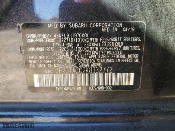 2019 Subaru Crosstrek Premium with VIN JF2GTACC2K8332772, listed as a Copart auction lot 49536275 with 41,872 mi miles and Salvage Title. Bid and sale history available at carsss.com. Image 15.