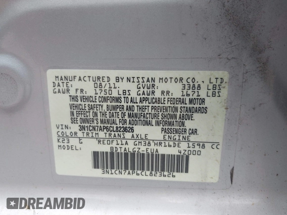 2012 Nissan Versa SV with VIN 3N1CN7AP6CL823626, listed as a IAAI auction lot 42662967 with 150,849 mi miles and . Bid and sale history available at DreamBid. Image 9.