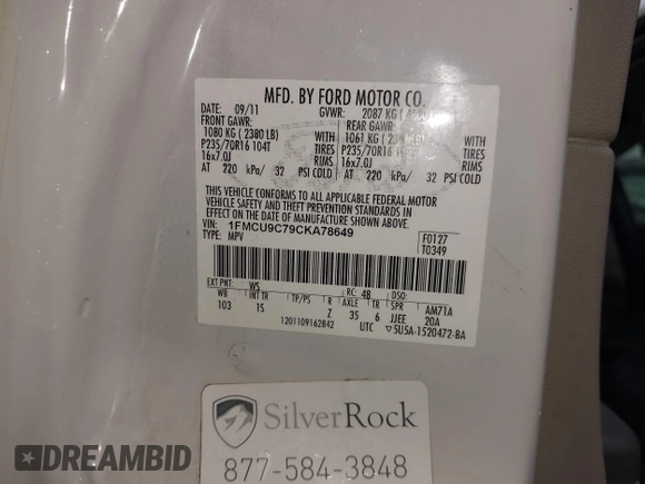 2012 Ford Escape XLS with VIN 1FMCU9C79CKA78649, listed as a IAAI auction lot 42160140 with 211,880 mi miles and . Bid and sale history available at DreamBid. Image 9.