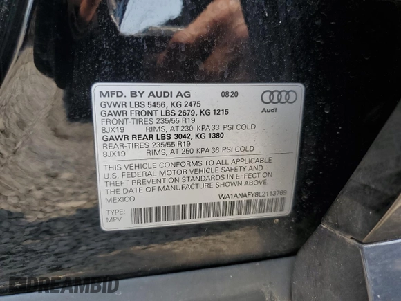 2020 Audi Q5 Premium with VIN WA1ANAFY8L2113769, listed as a Copart auction lot 59963025 with 125,844 mi miles and Salvage title. Bid and sale history available at DreamBid. Image 13.