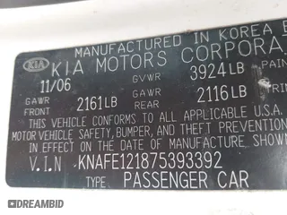 2007 Kia Spectra EX with VIN KNAFE121875393392, listed as a IAAI auction lot 41893653 with 158,913 mi miles. Bid and sale history available at carsss.com. Image 9.