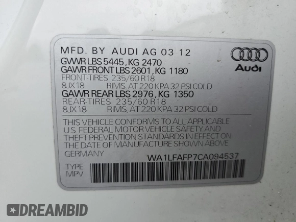 2012 Audi Q5 Premium Plus с VIN WA1LFAFP7CA094537, выставлен на аукционе Copart как лот 57728335 с пробегом 137 367 миль миль и Списание • Salvage title. История ставок и продаж доступна на DreamBid. Изображение 13.