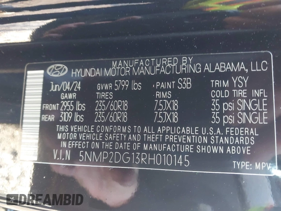 2024 Hyundai Santa Fe Hybrid SEL with VIN 5NMP2DG13RH010145, listed as a IAAI auction lot 41164114 with 12,224 mi miles. Bid and sale history available at carsss.com. Image 9.