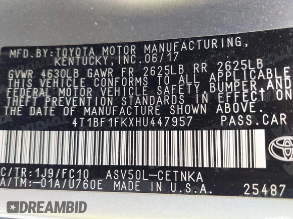 2017 Toyota Camry XLE with VIN 4T1BF1FKXHU447957, listed as a IAAI auction lot 42081934 with 106,269 mi miles. Bid and sale history available at carsss.com. Image 9.