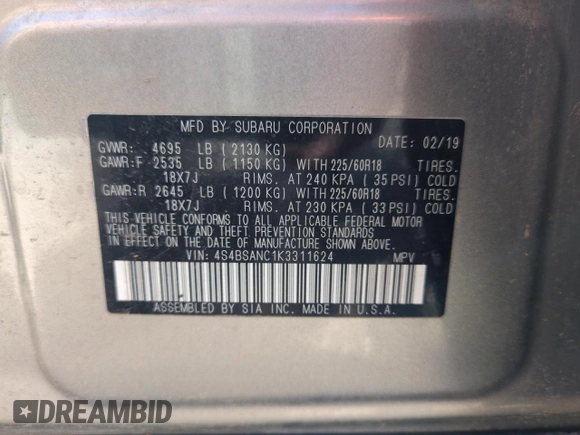 2019 Subaru Outback Limited z VIN 4S4BSANC1K3311624, wystawiony jako Copart lot #56172735 z przebiegiem 66 229 mil mil oraz Szkoda całkowita • Salvage title. Historia ofert i sprzedaży dostępna na DreamBid. Obrazek 13.