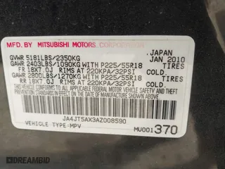 2010 Mitsubishi Outlander GT with VIN JA4JT5AX3AZ008590, listed as a IAAI auction lot 41762160 with 176,906 mi miles. Bid and sale history available at carsss.com. Image 9.