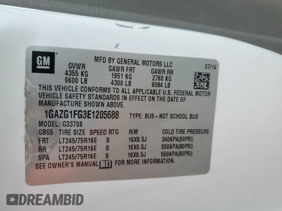 2014 Chevrolet Express Passenger LT with VIN 1GAZG1FG3E1205688, listed as a Copart auction lot 50937455 with 125,906 mi miles and Salvage title. Bid and sale history available at DreamBid. Image 14.